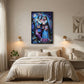 Radha Krishna themed wall art with full moon background