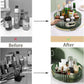 Rotating storage rack on a kitchen counter with spices and condiments.