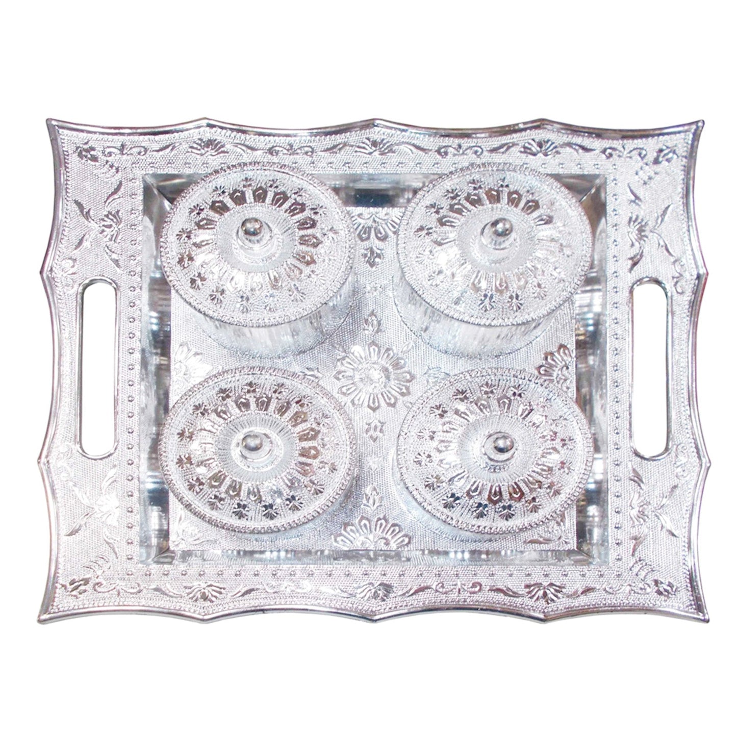 Lifestyle shot of the stylish 4-section snack storage tray with lids.