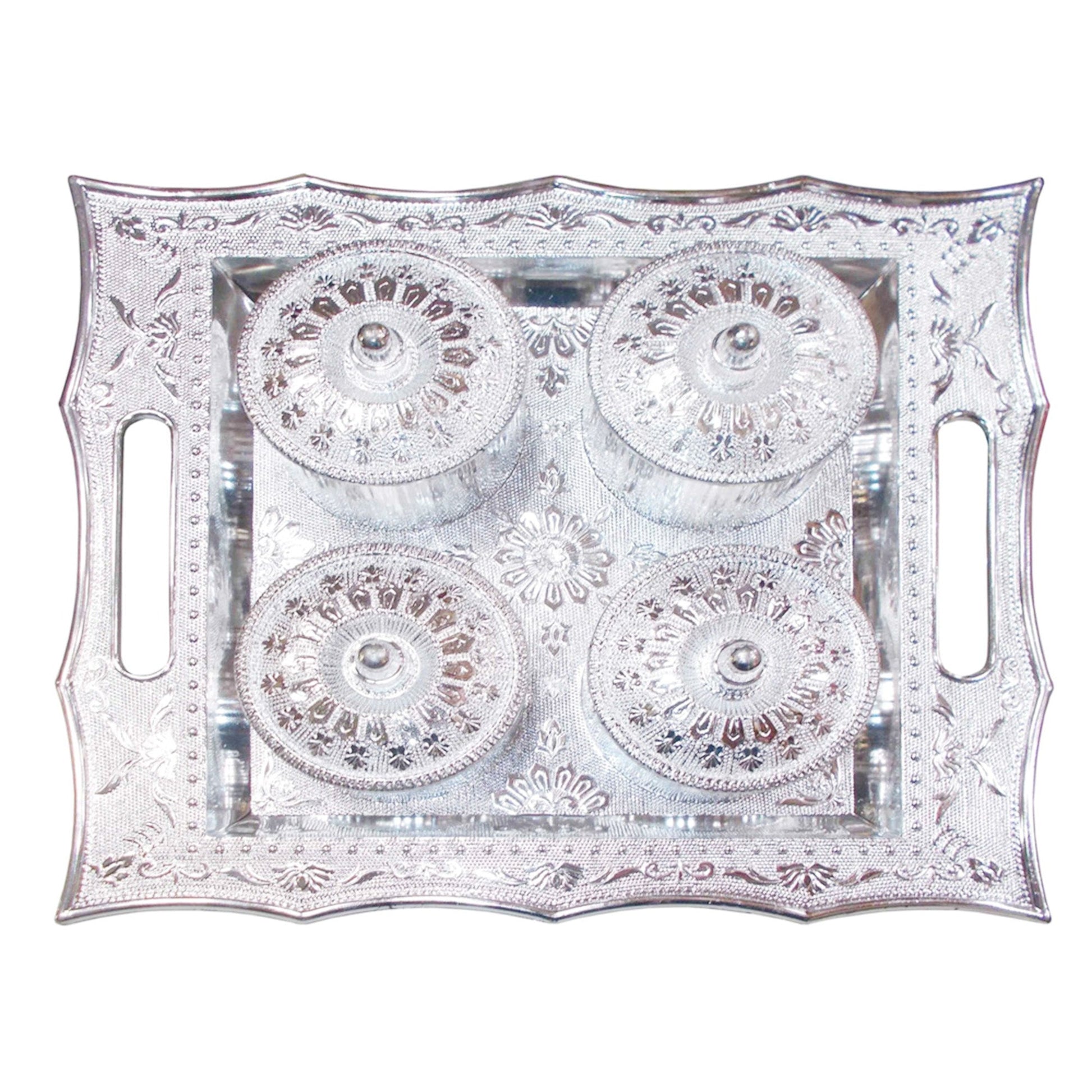 Lifestyle shot of the stylish 4-section snack storage tray with lids.