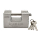 A key being inserted into the sturdy stainless steel padlock.