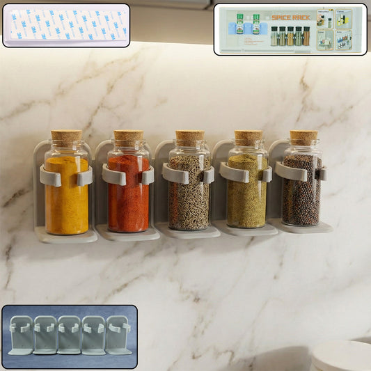 Wall spice storage rack with adhesive mount in kitchen setting