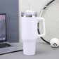 Side view of insulated stainless steel travel tumbler with straw lid