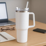 White insulated stainless steel travel tumbler with handle and lid
