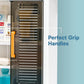 Kitchen cabinet with hooks holding utensils and towels