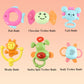 Set showing colorful baby rattles with various textures for sensory play