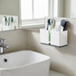 Organizer cup set holding toothbrushes and toothpaste in bathroom