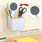 Close-up view of adhesive-backed wall storage organizer keeping bathroom essentials.