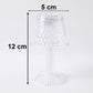 Small crystal table lamp creating a warm, ambient glow in a dark room.