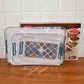 Compact stacking of three versatile serving trays with raised edges and handles