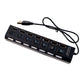 LED indicators on the 7 port USB hub showing active data ports.
