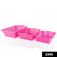 Multiple size plastic fruit baskets, styled to organize fresh produce.