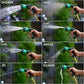 Close-up of garden hose spray nozzle spraying water in adjustable pattern