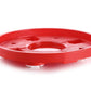 Red plastic gas cylinder trolley with a cylinder, showcasing movable wheels.