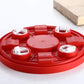 Red gas cylinder stand with movable wheels for effortless kitchen mobility.