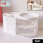 Rotating vanity organizer tray holding makeup and skincare products