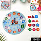 Close-up of wooden educational clock for kids with bright number blocks