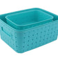 Three sky blue food-grade plastic storage baskets, ideal for kitchen and home.