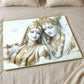 Close-up of intricate Radha Krishna artwork in white and gold