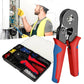 Open ferrule crimping tool kit displaying ratchet plier and color-coded ferrules