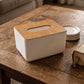 Top-down view of the eco-friendly bamboo tissue dispenser.