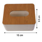 Bamboo tissue box holder with its precise dimensions clearly labeled.