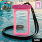 Pink waterproof mobile pouch showing SKU label and sealed closure