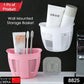 Side view of the wall-mounted storage basket, highlighting its strong adhesive backing.