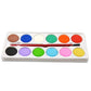 Top-down view of a compact 12-shade watercolor kit with a paint brush, ideal for travel.