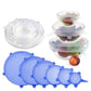 Assorted sizes of reusable silicone stretch lids neatly stacked.