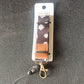Close-up of floral print fabric neck lanyard with leather patch