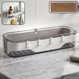 Modern transparent bathroom wall shelf with white accents and three hooks for accessories