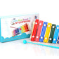 Full view of the 8-note wooden xylophone toy with bright multi-colored bars.