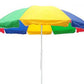 A colourful beach umbrella set up on a sandy beach, providing shade from the sun.