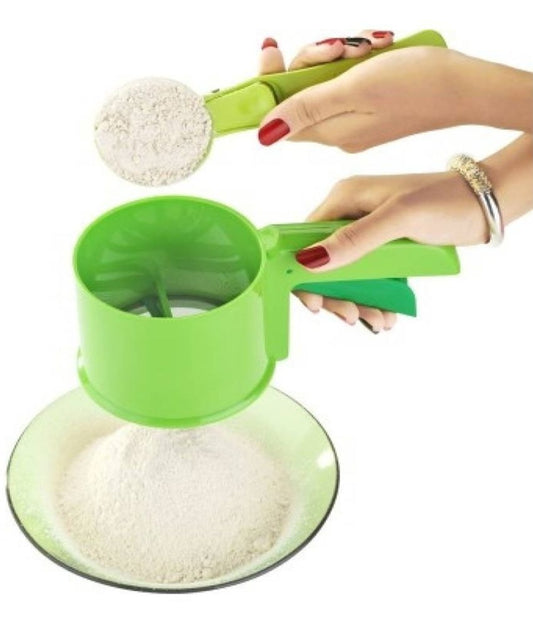 Durable plastic atta sifter with three interchangeable sieves for versatile kitchen use.