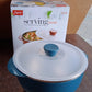 Side profile of microwave-safe plastic serving bowl with lid for kitchen use