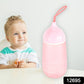 Close-up of the plastic water bottle, highlighting its distinctive long neck cap.