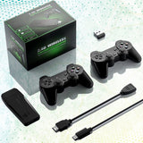 Wireless Gaming Console stick and two 2.4GHz controllers for dual player gaming.