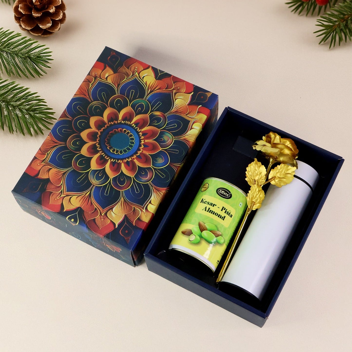 Luxury designer gift box packaging for kesar pista almonds hamper.
