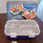 Side view of the compact 3-compartment lunch box, ideal for storage.