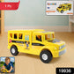 Kids playing with friction-powered school bus toy vehicle