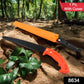 Close-up of the sharp high carbon steel blade and ergonomic rubber handle of the pruning saw.