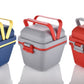 Side view of the durable plastic lunch box, highlighting its handle and push lock.