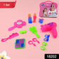 A young girl happily engaging with the pretend play makeup kit, showcasing its various accessories.