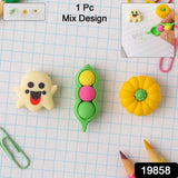 A cheerful yellow smiley face cartoon eraser, made from soft, non-toxic rubber for clean erasing.