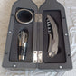 Wine bottle-shaped case with complete wine accessory set