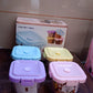 Different coloured BPA-free food storage containers keeping snacks fresh for the day.