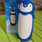 Close-up of the adorable blue and black penguin face on the insulated water bottle