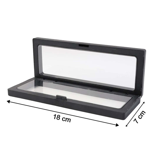 Side view of transparent floating jewelry display box 18x7 cm featuring black ABS frame