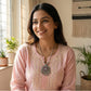 Traditional mandala pendant necklace in oxidized silver tone with dangling beads